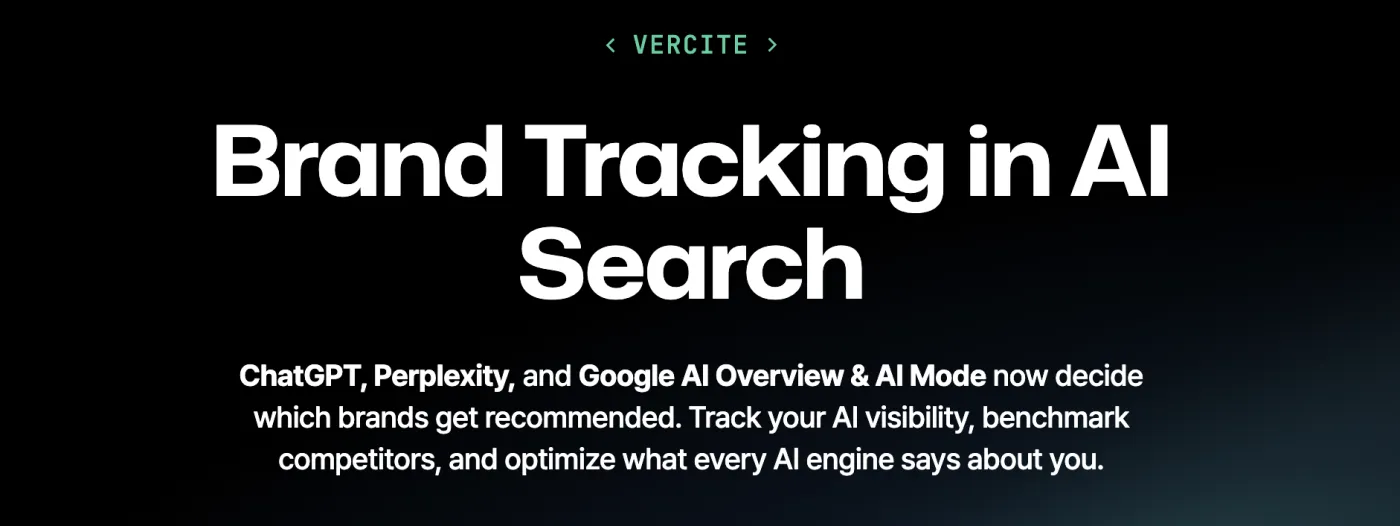 Vercites startsida: Brand Tracking in AI Search för ChatGPT, Perplexity och Google AI Overview